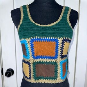 Vintage 70’s Charlie’s Patchwork Crochet Knit & Calf Leather Tank Top